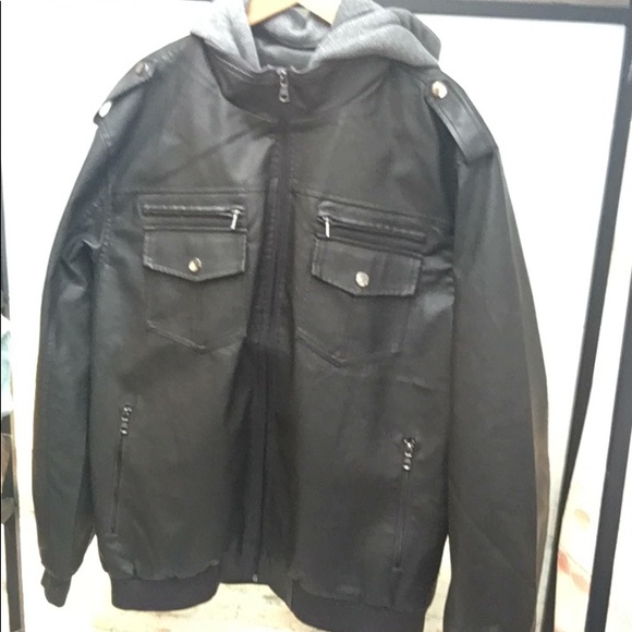 Men’s Vegan Leather Sweatshirt Lined Hooded Heavy Duty Outdoor Trucker Coat - Picture 14 of 14